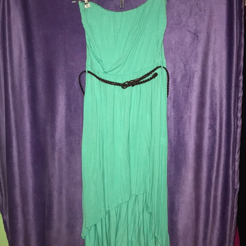 Light blue dress w/ dark brown belt